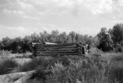 The Jake Mills cabin in earlier decades in an undated photo. Courtesy Weston County Museum District. roofless log structure that seems to have fallen down