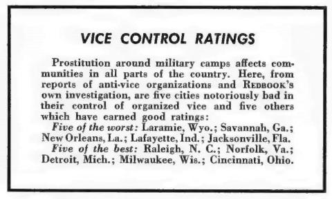 Excerpt from the January 1954 Redbook magazine article “Sex Traps for Young Servicemen” that mentions Laramie, alarming local officials and University of Wyoming administrator. Photo by the author. Clipping that reads, " VICE CONTROL RATINGS. Prostitution around military camps affects communities in all parts of the country. Here, from reports of anti-vice organization and Redbook's own investigations, are five cities notoriously bad in their control of organized vice and five others withich have earned good ratings: Five of the worst: Laramie, Wyo.; Savannah, Ga.; New Orleans, La.; Lafayette, Ind.; Jacksonville, Fla. Five of the best: Raleigh, N.C.; Norfolk, Va.; Detroit, Mich.; Milwaukee, Wis.; Cinc