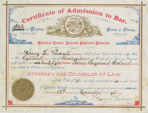 Elaborately lettered certificate with decorative images and a golden sticker seal