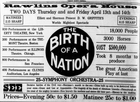 Newspaper clipping of advertisement for the film "Birth of a Nation" 