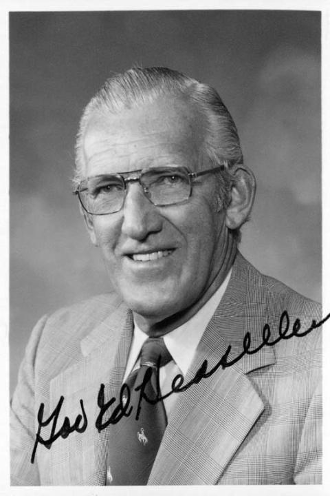 Portrait of Gov. Ed Herschler with his signature across the photo