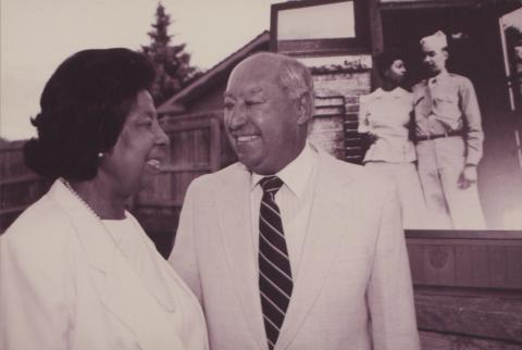 Liz and Jim Byrd superimposed on a photo of them as a young couple