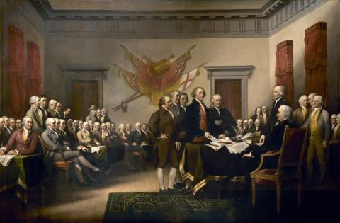 oil painting of many men of the late 1700s, seated around table where several men stand and gesture toward papers