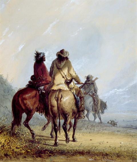 Painting of an Indigenous man wearing a headband and robe, and another man, in a cowboy hat on horseback, looking toward a third man on horseback in the foreground