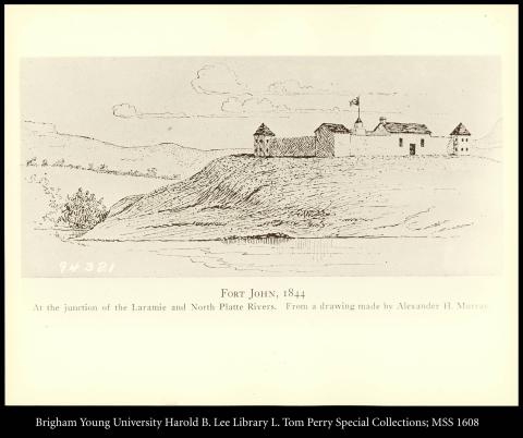 Ink drawing of walled fort on a rise above a body of water, with the text, "Fort John, 1844. At the junction of the Laramie and North Platte Rivers. From a drawing made by Alexander H. Murray."