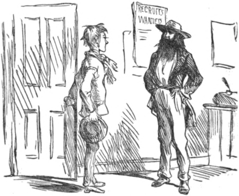 drawing of young man holding his hat, looking at a bearded older man with hands in pockets, in a room with a poster headlined, "Recruits wanted."