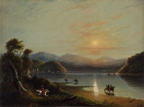 painting of a sunset scene over a calm lake rimmed by mountains