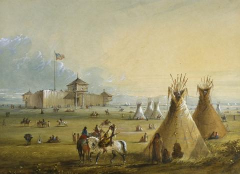 painting of plains with several teepees and Indigenous people in the foreground and a large wooden fort flying an American flag in the background