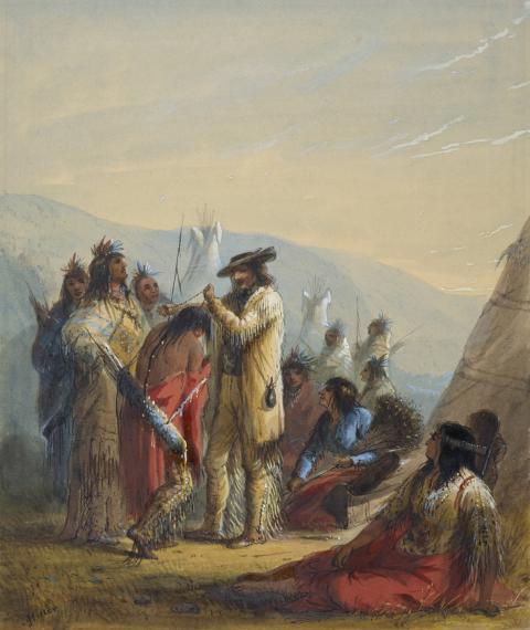 painting of buckskin-clad fur trader placing beaded necklace over the head of an Indigenous man among a group of his fellow tribesmen in a cluster of teepees