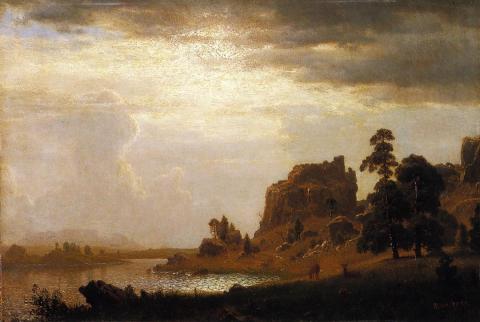 painting of evening scene with rocky outcropping near water reflecting afternoon sun