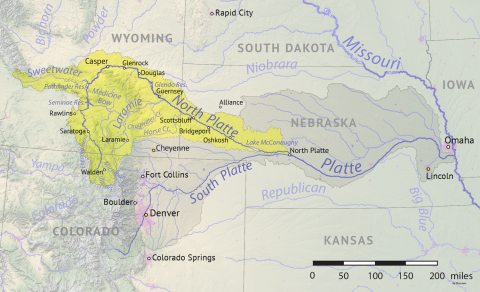 map of the North and South Platte rivers to the Missouri River, through Wyoming, Colorado and Nebraska, with the North Platte Basin highlighted