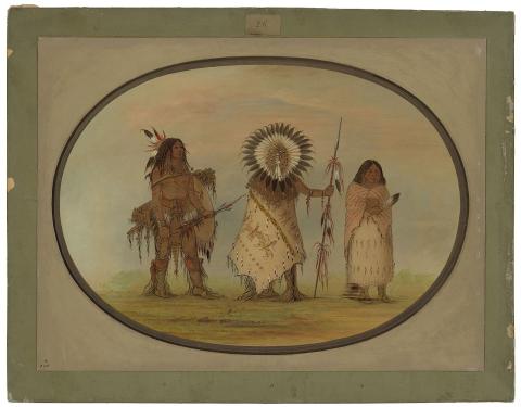 watercolor drawing of an Indigenous warrior in fringed buckskin pants and boot, with a necklace of animal claws and feathers in his shoulder-length hair, holding a bow and arrows, and strapped with a quiver and shield; another figure wearing and eagle-feather headdress and buffalo robe decorated with images of figures on horseback and holding a feather-trimmed spear; and a woman wrapped in a robe and shawl holding a single feather