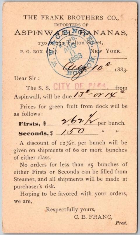 postcard explaining price of bananas imported by Frank Brothers: fisrsts, 2.62 1/2 per bunch; seconds, 1.50 per bunch.