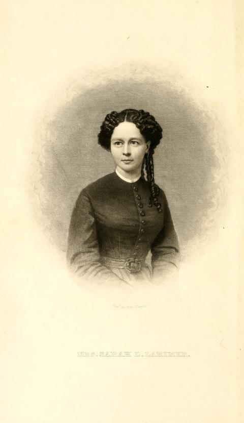 wood engraving portrait of a woman with long dark hair piled on either side of her head, wearing a button-front high-necked shirtwaist dress. Title underneath says, "Mrs. Sarah L. Larimer"