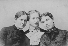 Grace Hebard, left, and her State University of Iowa classmates Julia Caranaugh, center, and Abbie Ellis at the time of their graduation in June 1882, above. Below, the same women in 1932, perhaps at a 50th college reunion. Hebard collection, American Heritage Center.