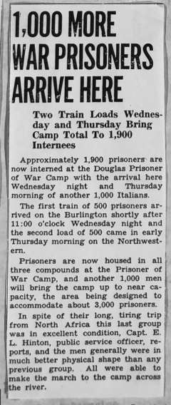 Enzo Tarquinio arrived at Camp Douglas in the fall of 1943, almost certainly on one of the trainloads mentioned here, in the Douglas Enterprise Oct. 5. Wyoming Pioneer Memorial Museum. Click to enlarge.