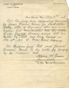 The original handwritten finding of the coroner’s jury convened in the death of Edward Woodson, dated December 27, 1918. Note that the word ‘unknown’ was inserted in describing the lynch mob. Sweetwater County Historical Museum. Click to enlarge The original handwritten finding of the coroner’s jury convened in the death of Edward Woodson, dated December 27, 1918. Note that the word ‘unknown’ was inserted in describing the lynch mob. Sweetwater County Historical Museum.